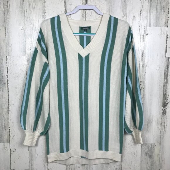 Wild Fable striped sweater puff sleeves v neck oversize cozy tunic length small - Picture 1 of 7
